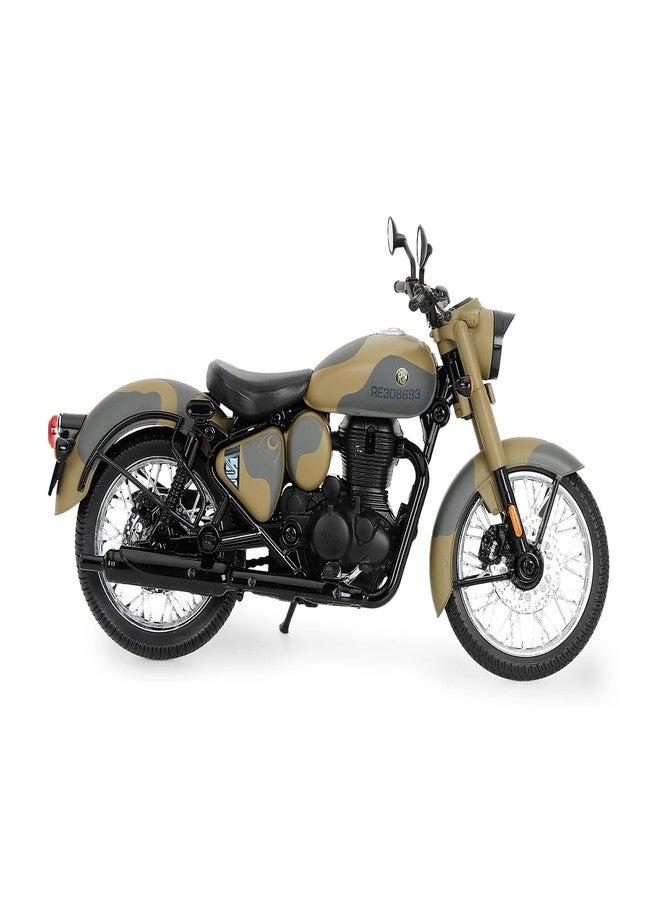Royal Enfield دراجة رويال إنفيلد نيو كلاسيك 350 نموذج مصغر | 1:12 | مرايا جانبية | عجلات دوارة بحرية | مقود قابل للتوجيه | نظام تعليق خلفي وحامل جانبي يعملان | لون رملي كوماندو - Image 3